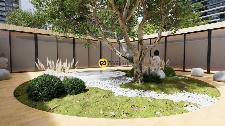 การออกแบบ Courtyard สไตล์ญี่ปุ่นกลางบ้านที่มีสวนหินเรียบง่าย