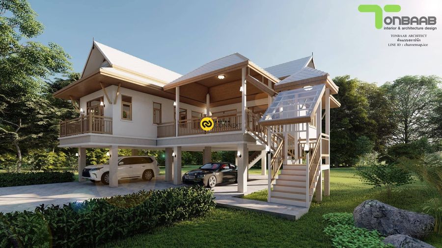 งานออกแบบบ้านพักอาศัย 2 ชั้น ยกสูง ทรงไทยประยุกต์